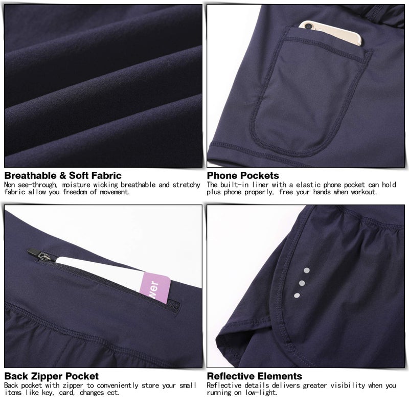 Soothfeel Women's 2 in 1 Running Shorts Workout Athletic Gym Yoga Shorts for Women with Phone Pockets Navy Blue - Image 5